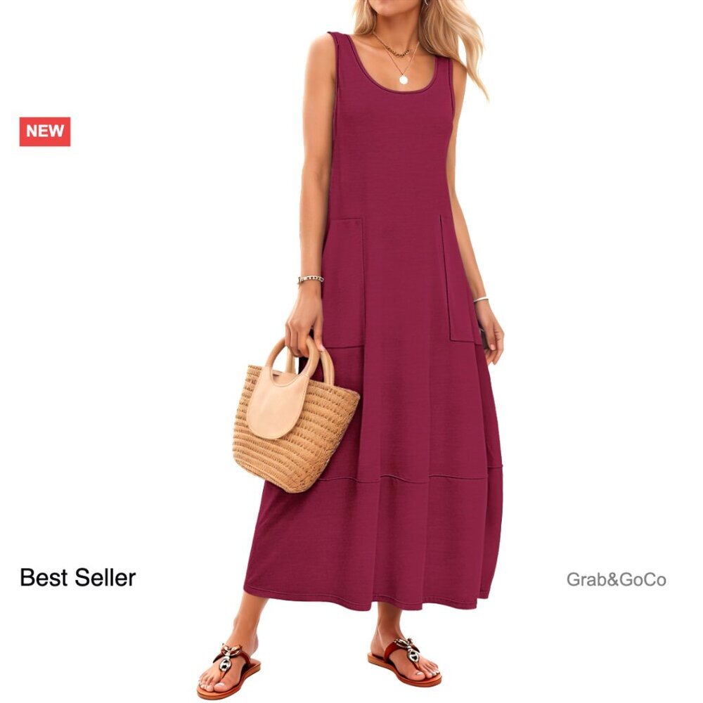 Sleeveless Boho Maxi Dress Flowy Casual Sundress with Pockets Beach Vacation - Picture 1 of 6